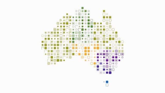 Australia map animation. Shape of the country with pulsating colored dots. Large size rounded square blocks. Digital style Australia map on white background. Vibrant video.