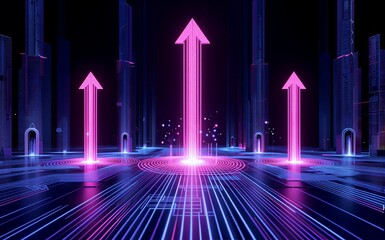 Three glowing pink arrows rise from digital circuitry, symbolizing forward progress in tech.