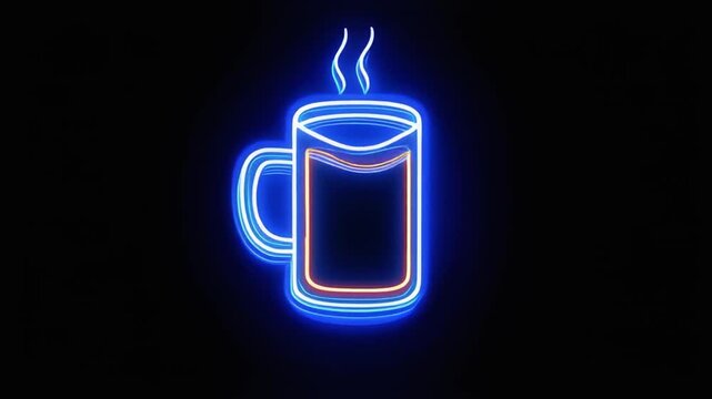 Glowing neon mug with steam on a dark background. Blue, white and orange lines define its shape