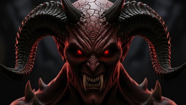 Menacing Red-Eyed Demon with Large Horns and Fangs, Dark Fantasy Creature