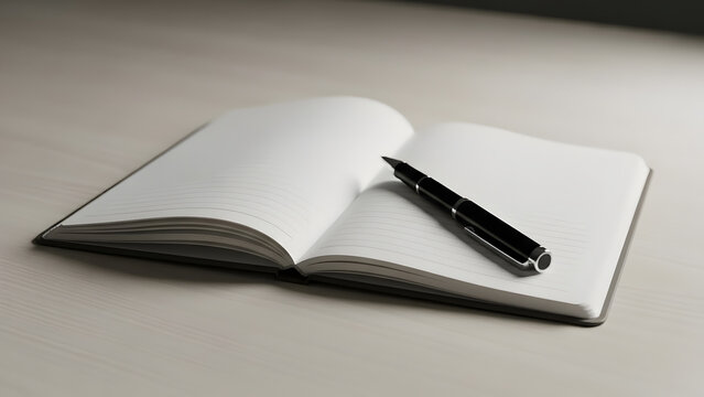 An elegant fountain pen resting on a clean open lined notebook on a light wooden surface