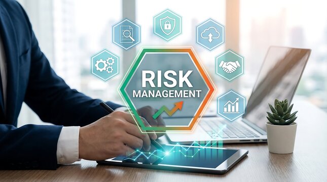 Professional businessman analyzing risk management strategies on digital tablet with futuristic holographic interface - Powered by Adobe
