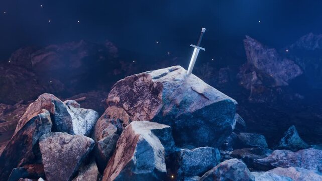 Excalibur the mythical sword of King Arthur stuck in a stone Concept CGI Animation