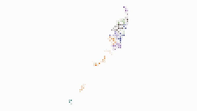 Palau map animation. Shape of the country with pulsating colored dots. Small size circle blocks. Digital style Palau map on white background. Abstract video.