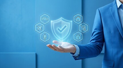 Professional businessman holding glowing digital security shield with icons representing travel home data and protection
