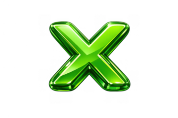 Green letter x glossy 3d icon with metallic bevel and reflections, symbolizing cancellation or error on transparent background