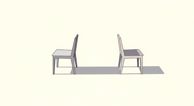 Two minimalist chairs facing away from each other, symbolizing distance or lack of connection on a plain background.