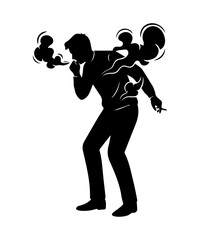 Coughing smoker silhouette with cigarette and smoke. smoking health risks illustration.