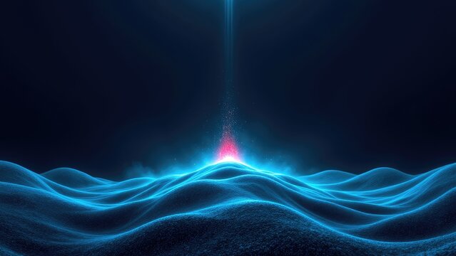 Glow Futuristic technology background with glowing energy beacon over blue digital dunes, particle light beam, wide copy space