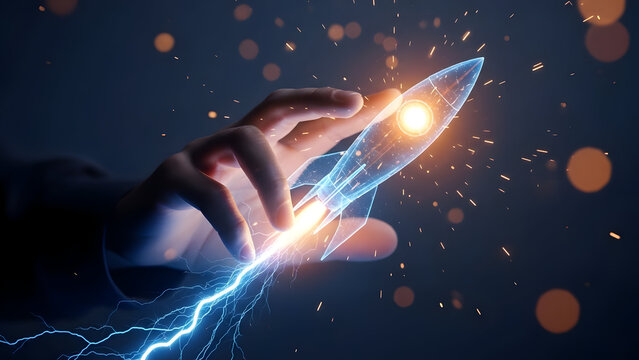 Hand launching glowing rocket with electric energy and sparks