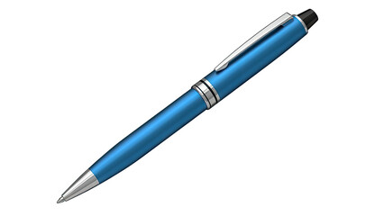 Blue metallic ballpoint pen with silver accents on a white background