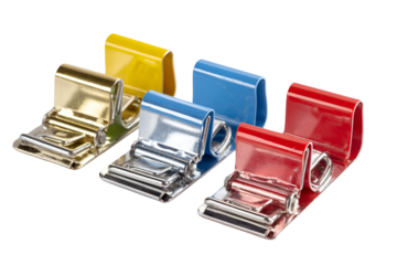 Four colorful binder clips arranged on transparent background isolated on transparent background