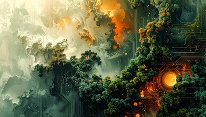 Technology and nature fusion background, abstract circuit patterns blending into organic