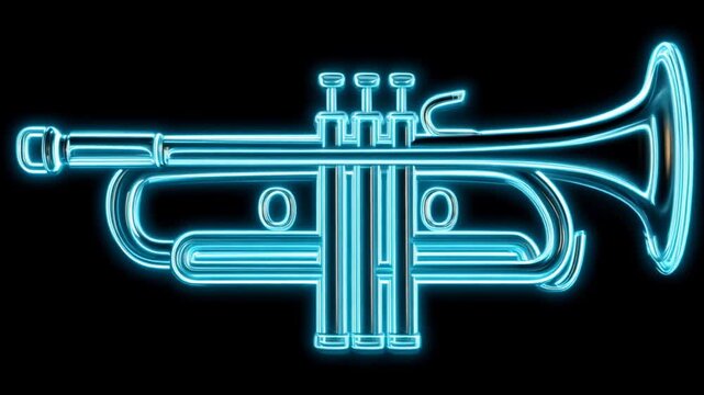 A neon blue brass instrument glows against a dark background, its shape elegantly displayed