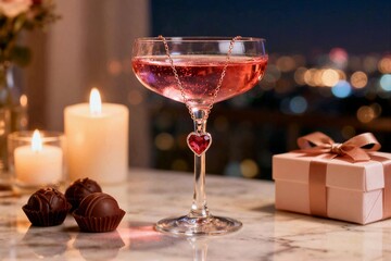 A heart shaped ruby pendant necklace hangs over a glass of rose wine with chocolate truffles and candles in the background.