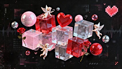 Valentine's Day Romantic Ad Poster, featuring heart, rose, lipstick, champagne, heart lock and cyber cubes sphere love decorations