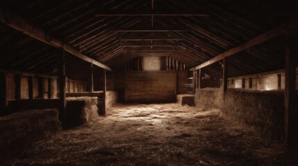 Naklejka premium Rustic Agricultural Storage Shed Interior with Empty Space and Hay