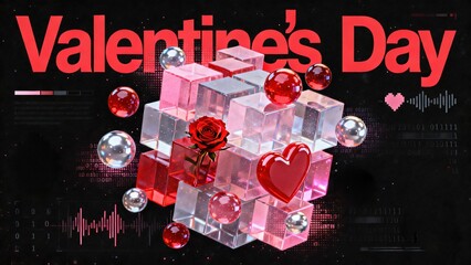 Valentine's Day Romantic Ad Poster, featuring heart, rose, lipstick, champagne, heart lock and cyber cubes sphere love decorations