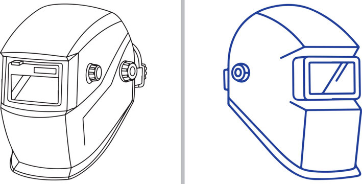 Professional vector line art of industrial welding helmets, featuring a highly detailed black outline version and a minimalist blue silhouette, representing metalwork and eye protection.