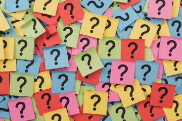 Vast pile of colorful sticky notes with black question marks, symbolizing confusion and inquiry