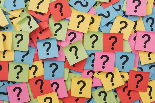 Vast pile of colorful sticky notes with black question marks, symbolizing confusion and inquiry - Powered by Adobe