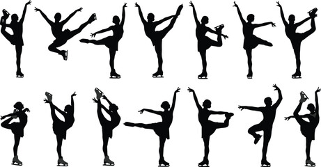 Figure skating silhouette collection, graceful ice skaters performing spins jumps and ballet poses, winter sport elegance black vector illustration set © Aron