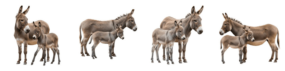 Fototapeta premium Collection of Realistic Donkey with Cute Baby Foal Standing Together, Farm Animal Mother and Child Bonding, Rural Livestock Parenting Concept isolated on white transparent PNG background