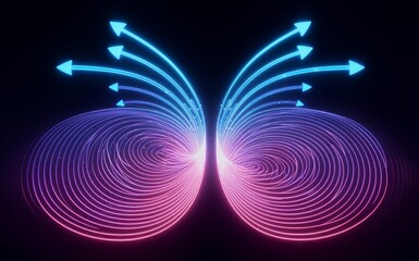 Neon blue and pink light beams radiate from center, creating dynamic cosmic tunnel effect.