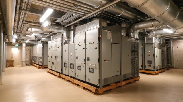 Technical Room with Ventilation Ducts and Equipment for Air Management Systems
