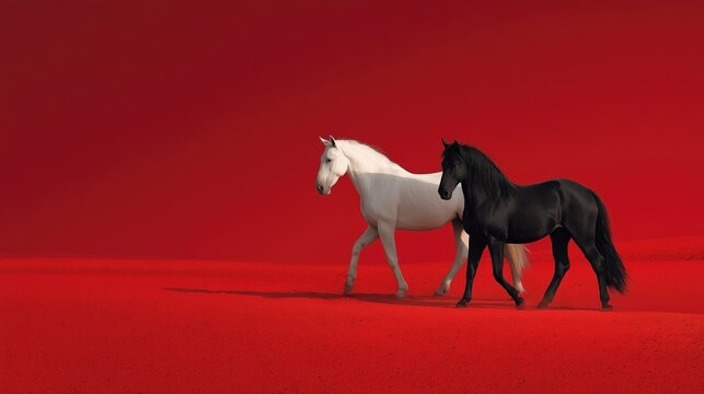 `Black and white horses galloping in a red desert, symbolizing partnership and growth.`