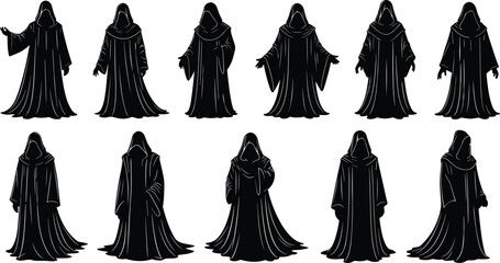Set of mysterious hooded figure silhouettes wearing long robes and cloaks, collection of dark wizard, monk or priest characters in various poses,