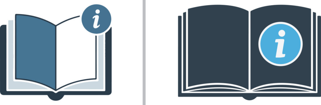 Two stylized vector icons of open books featuring an "i" information symbol, representing instruction manuals, user guides, or educational resources in a clean, blue and grey color palette.
