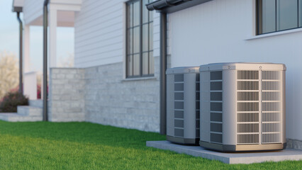 Air heat pumps beside house, 3D illustration