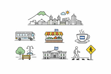 Naklejka premium El Salvador urban life icons in modern line art vector style