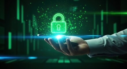 Hand holding smartphone displaying glowing green digital padlock icon in dark digital environment
