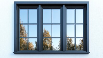 Obraz premium Modern Black Window on White Wall, Reflecting Trees, Daytime View, Stock Photo, Home Decor