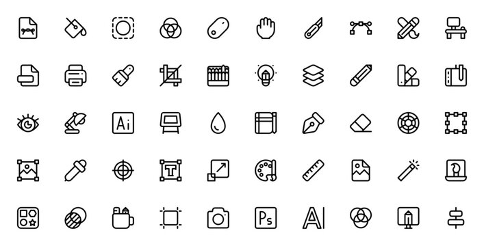 Graphic design icon set. Vector tools collection. Includes symbols for Photoshop, Illustrator, CMYK, RGB, pen, brush, layers, palette, and more. Editable stroke.