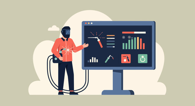 Man in welding mask presenting data on a large computer screen.
