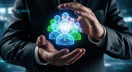 Businessman protecting a glowing wireframe team icon structure on a dark digital background