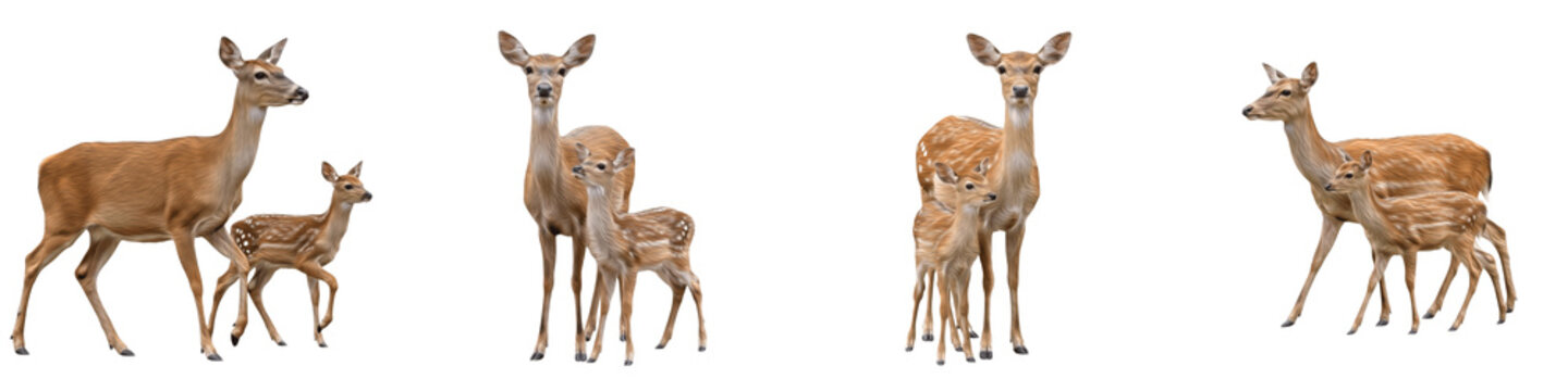 Set of Deer and Fawn, Realistic Deer Family Isolated on White Transparent PNG Background