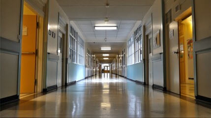 Clean Corridor with Natural Light and Doors in an Organized and Orderly Space