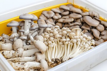 Assorted fresh mushrooms in white and yellow tray oyster