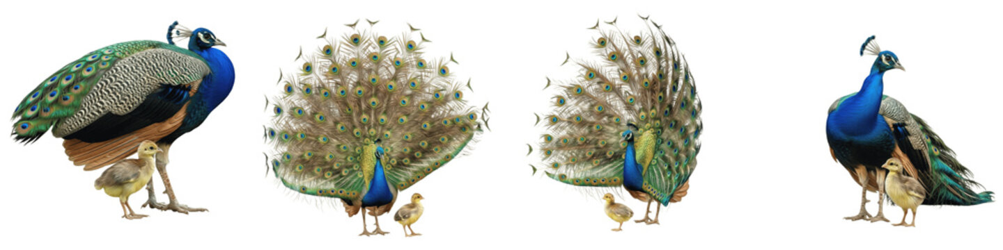 Set/Collection of Peacocks (Pavo cristatus) with Their Baby Peafowls, Majestic and Colorful Birds, Family Group of Peacocks with Young, Isolated on White Transparent PNG Background