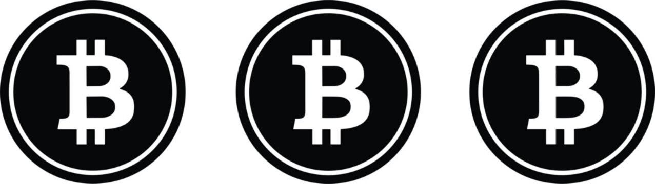 Bitcoin cryptocurrency coin icons set featuring black circular symbols for digital blockchain finance and virtual money design illustration.