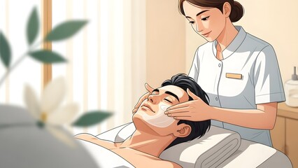 A serene illustration of a man receiving a facial skincare treatment from a professional therapist in a spa setting