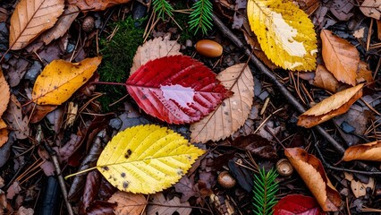 A high-angle close-up photograph of fallen autumn leaves, acorns, and pine needles on a damp forest floor
