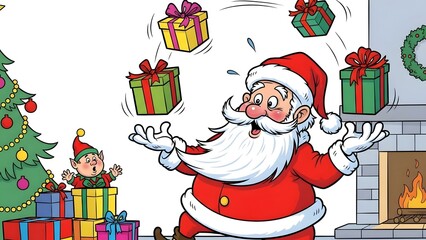 A cheerful and funny cartoon of Santa Claus accidentally juggling Christmas presents by a fireplace with a surprised elf