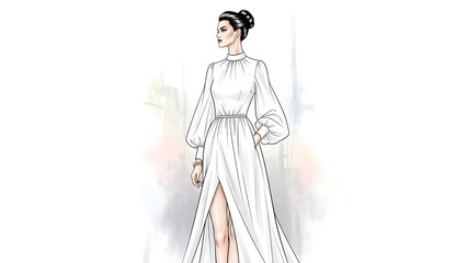 A stylish fashion sketch of a woman wearing a sophisticated long-sleeved white gown with a high slit and a classic bun hairstyle