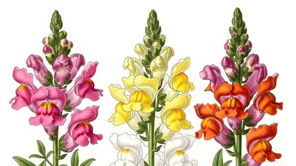 A botanical illustration of snapdragon flowers in various colors including pink