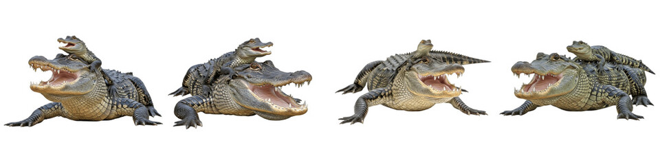 Fototapeta premium Set of American Alligator with Hatchling in Crawling and Swimming Poses, Reptile Mother and Baby Wetland Wildlife Illustration, isolated on white transparent PNG background